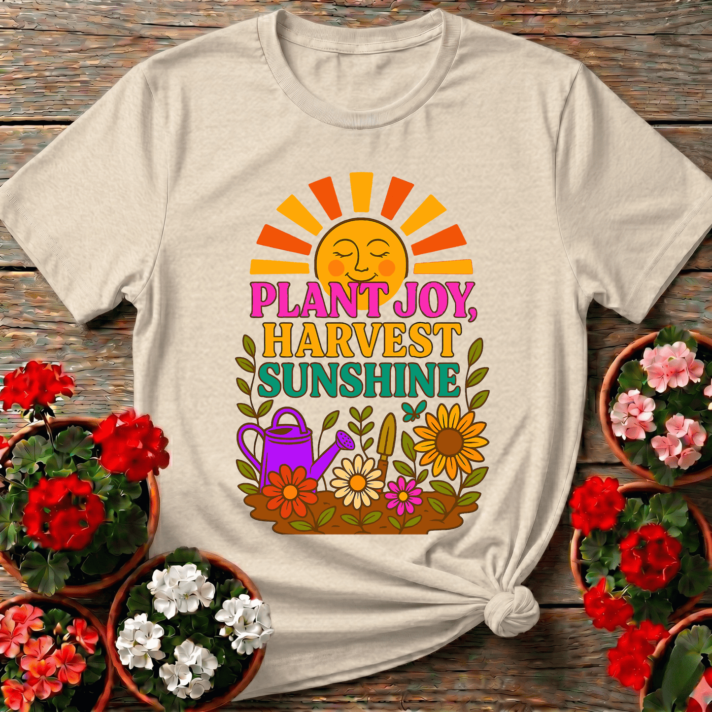 Plant Joy Harvest Sunshine Retro Happy Sun Tee - GardeningTshirts