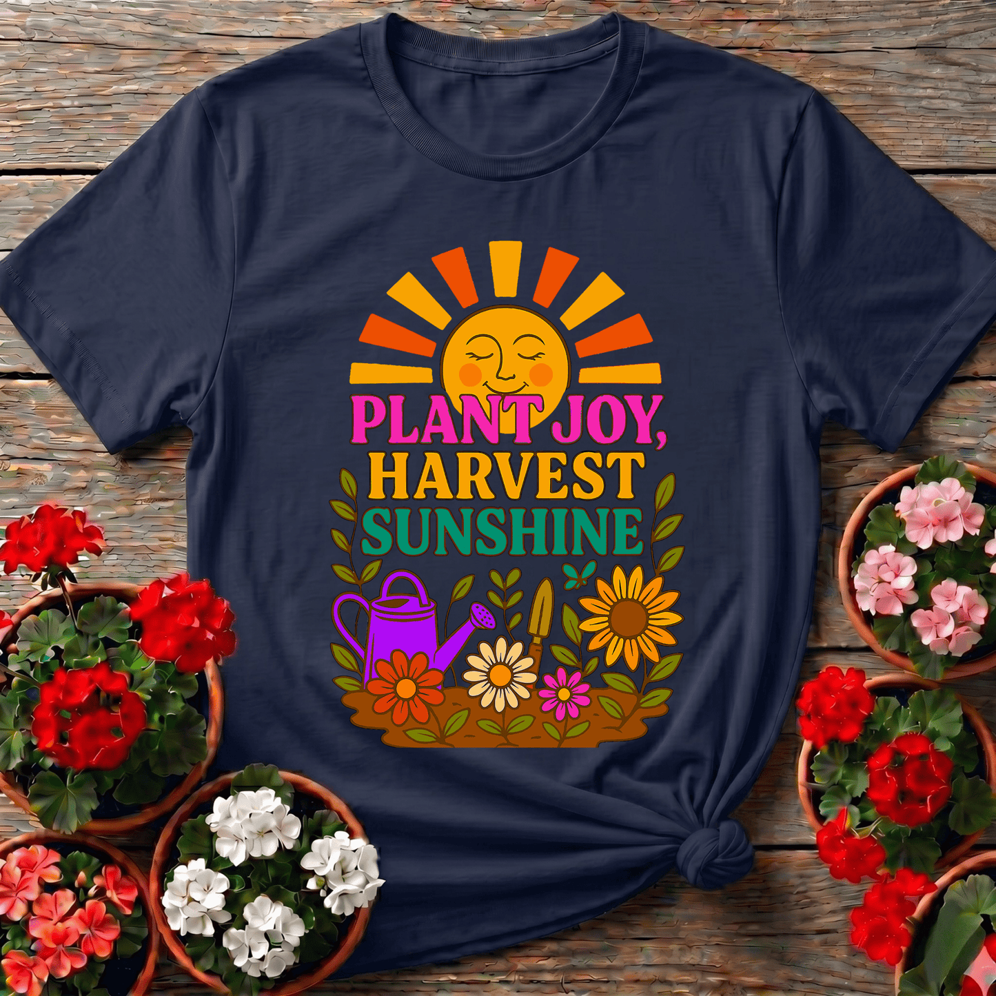 Plant Joy Harvest Sunshine Retro Happy Sun Tee - GardeningTshirts