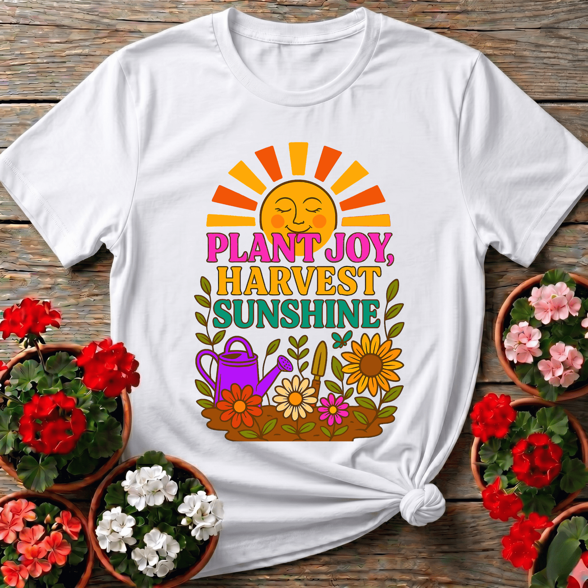 Plant Joy Harvest Sunshine Retro Happy Sun Tee - GardeningTshirts