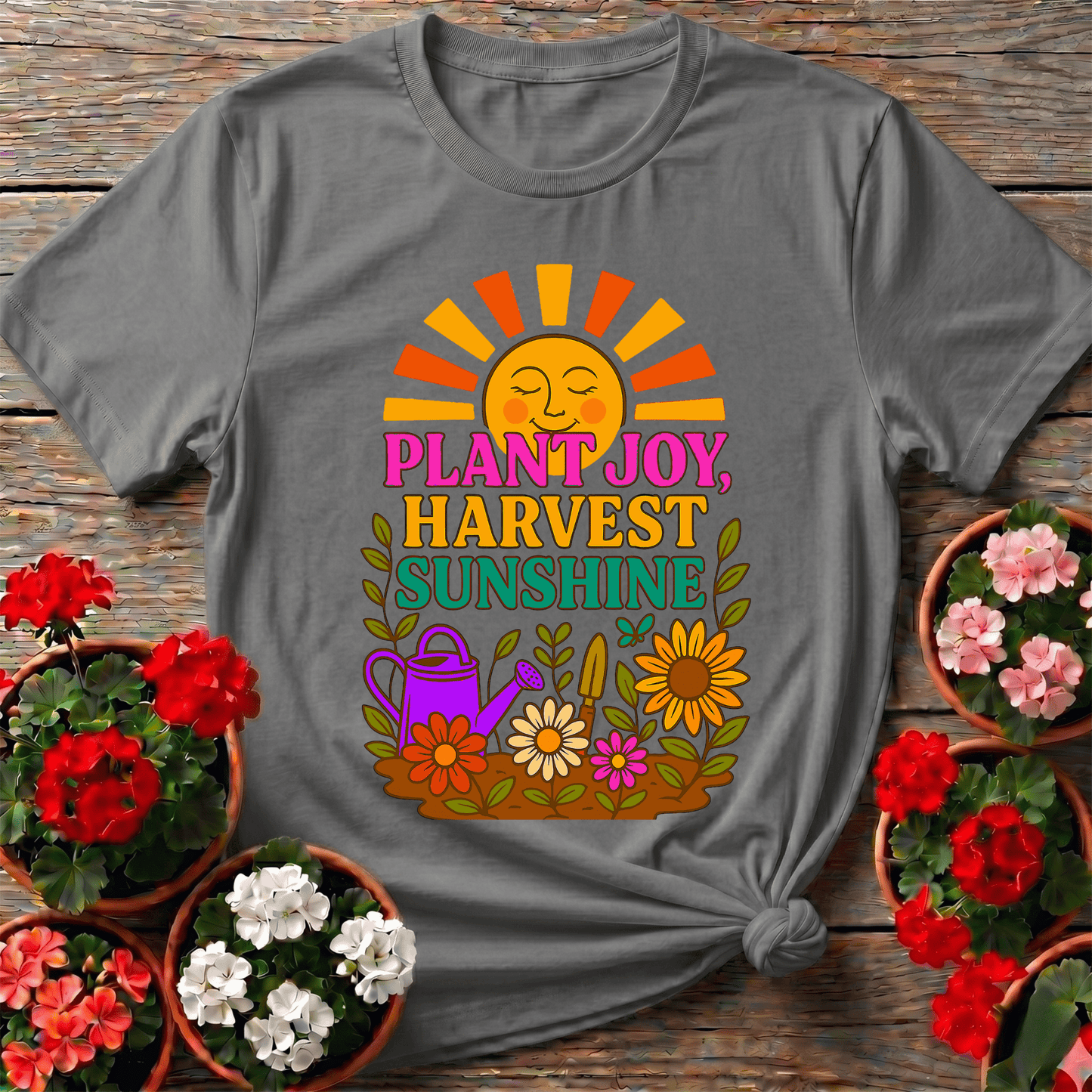 Plant Joy Harvest Sunshine Retro Happy Sun Tee - GardeningTshirts