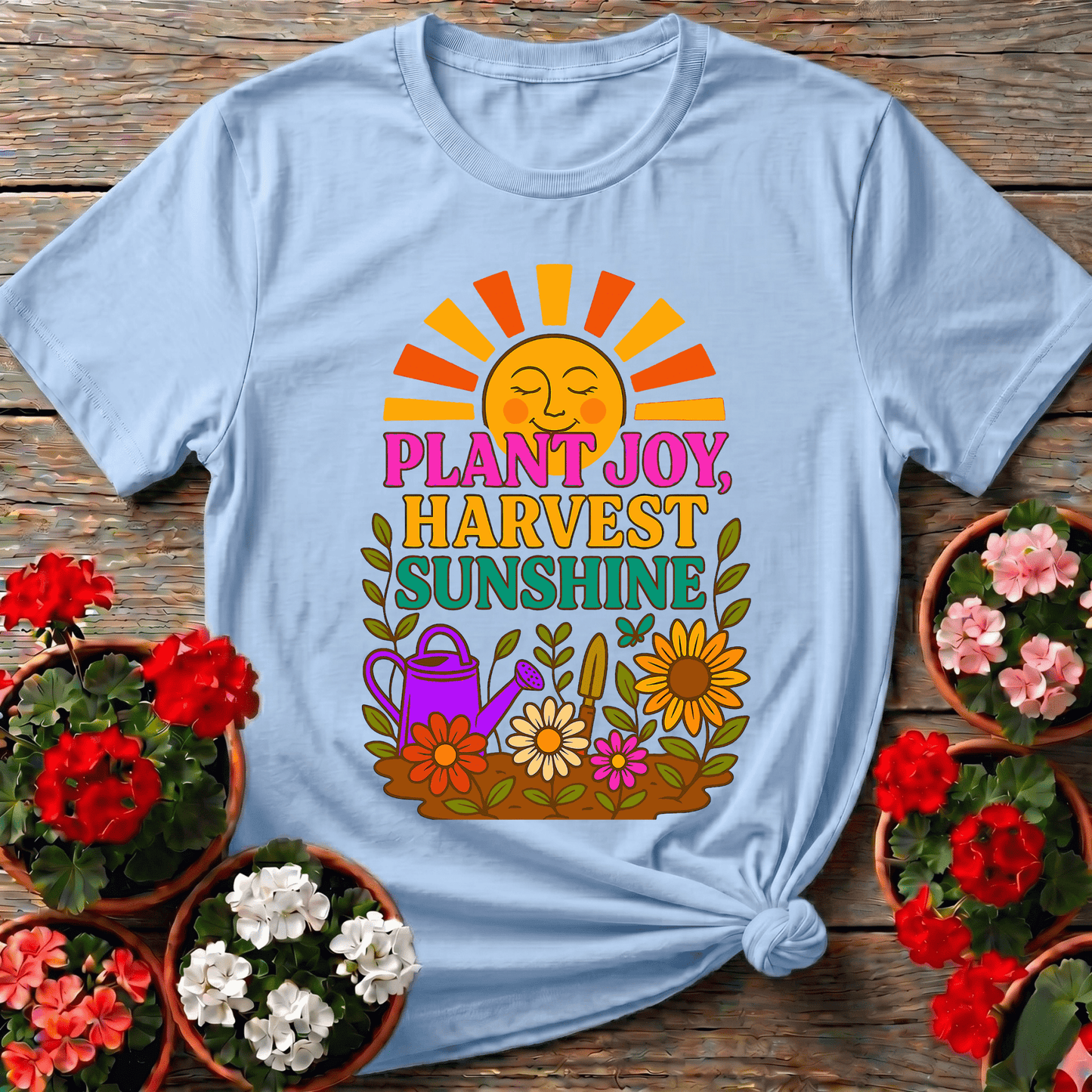 Plant Joy Harvest Sunshine Retro Happy Sun Tee - GardeningTshirts