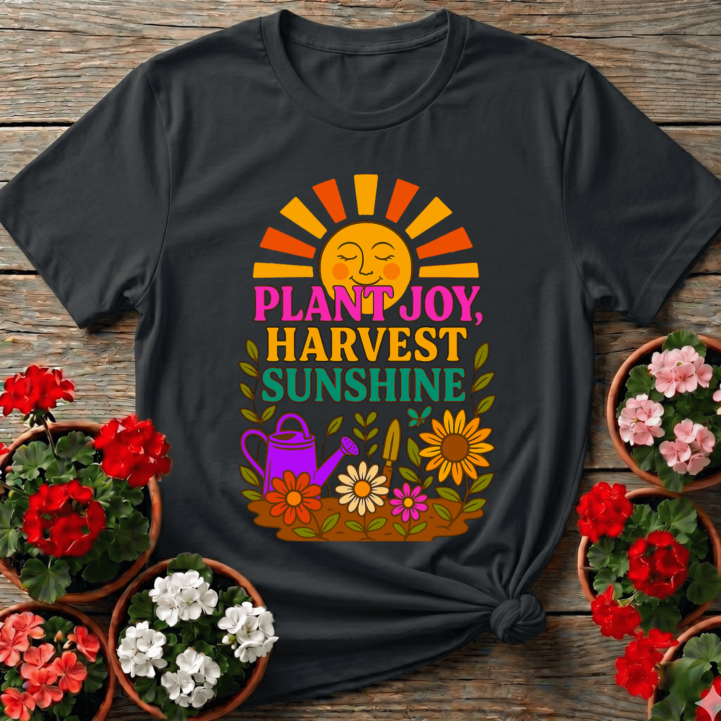 Plant Joy Harvest Sunshine Retro Happy Sun Tee - GardeningTshirts
