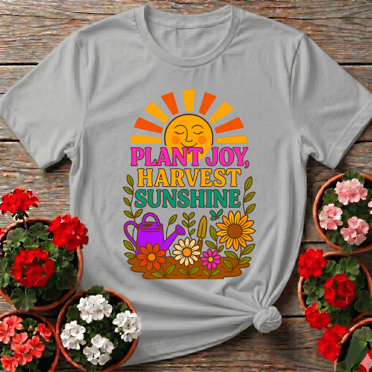 Plant Joy Harvest Sunshine Retro Happy Sun Tee - GardeningTshirts