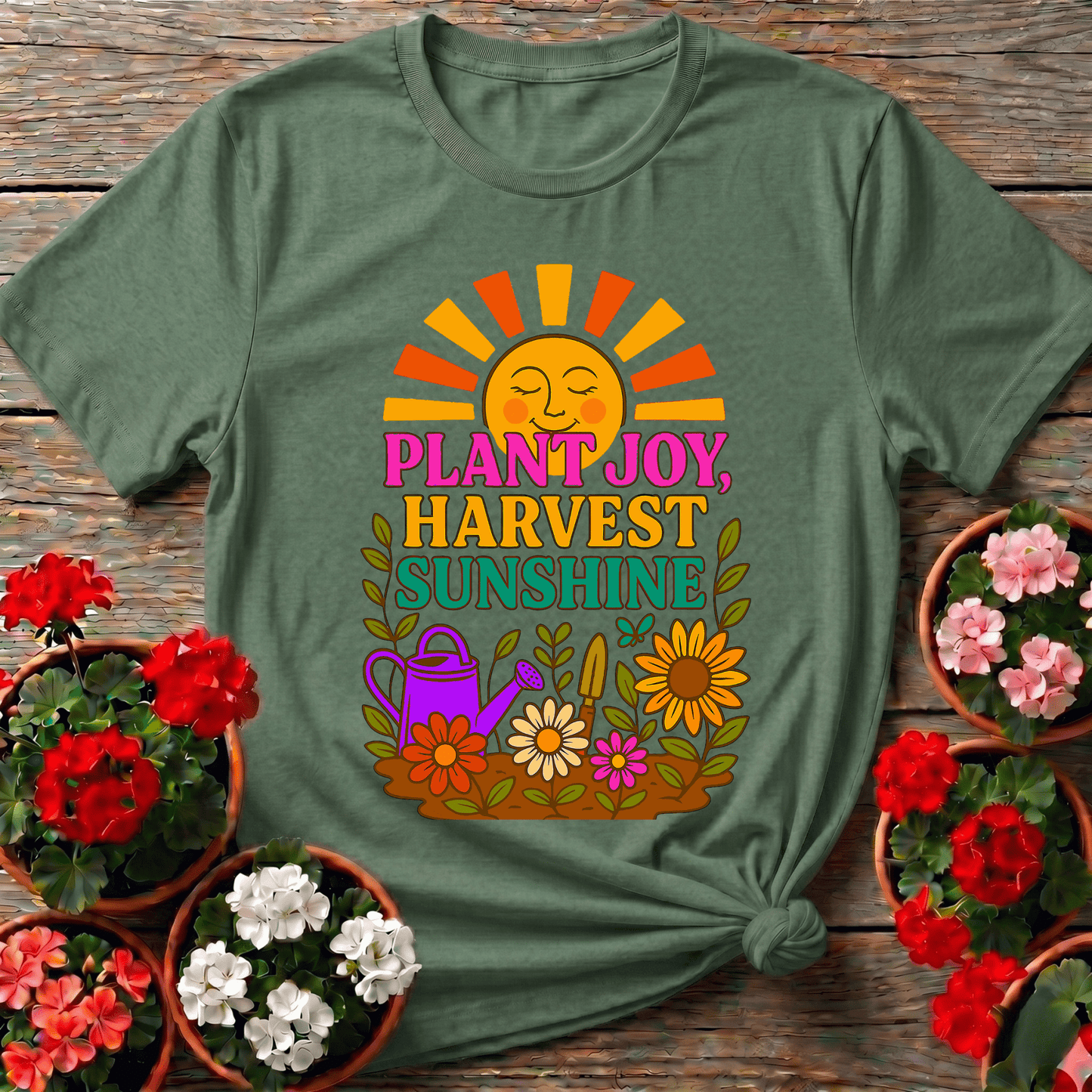 Plant Joy Harvest Sunshine Retro Happy Sun Tee - GardeningTshirts