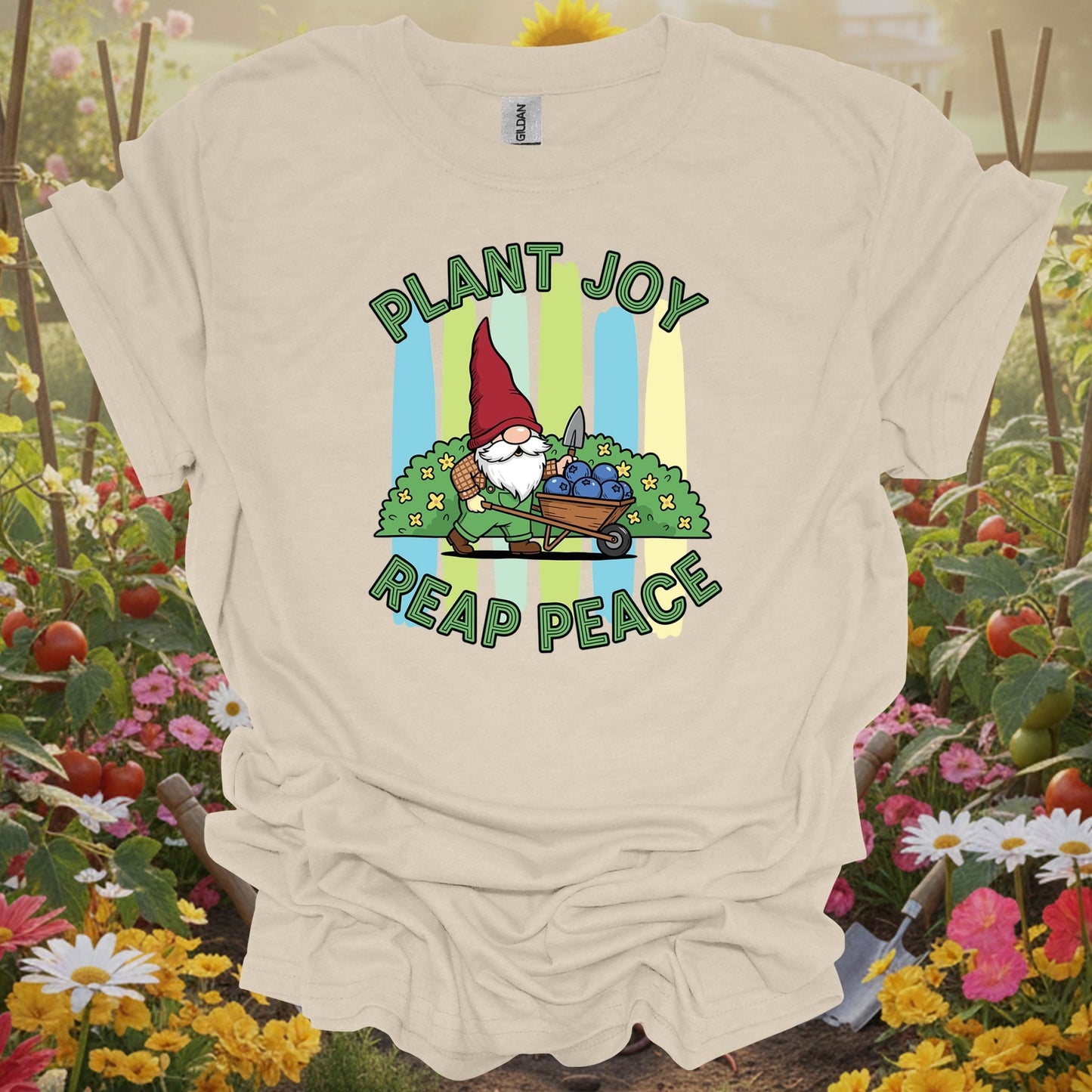 Natural tshirt showing plant joy reap peace witty bearded gnome for people who love plants