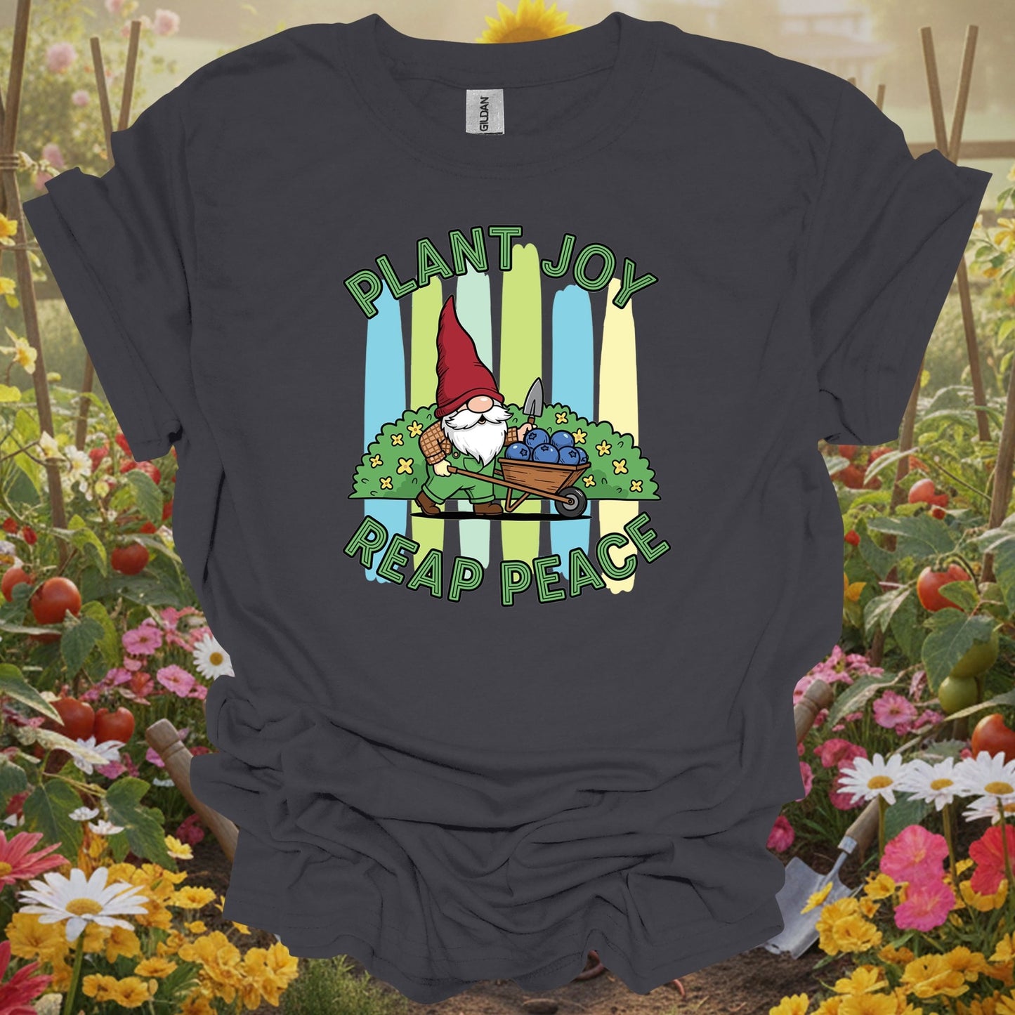 Charcoal tee showing plant joy reap peace witty bearded gnome for plant lovers