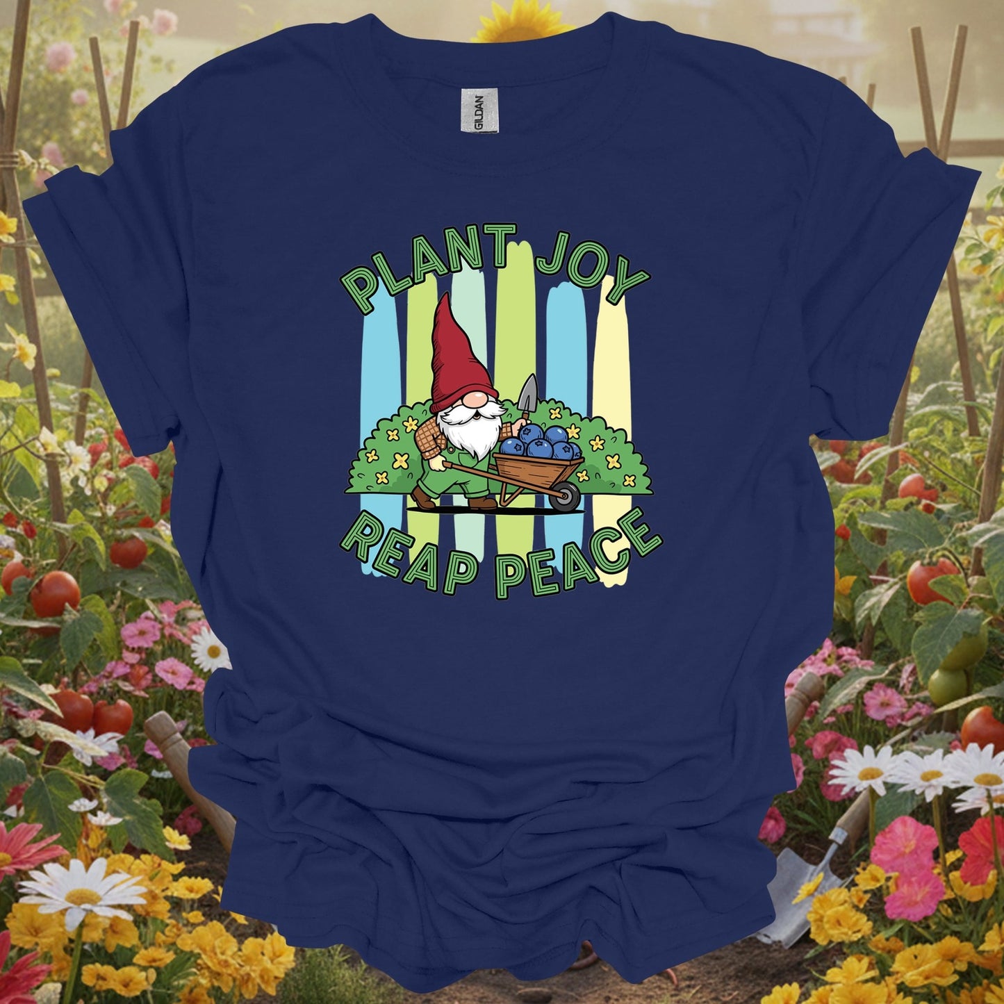 Navy top showing plant joy reap peace witty bearded gnome for green thumb folks