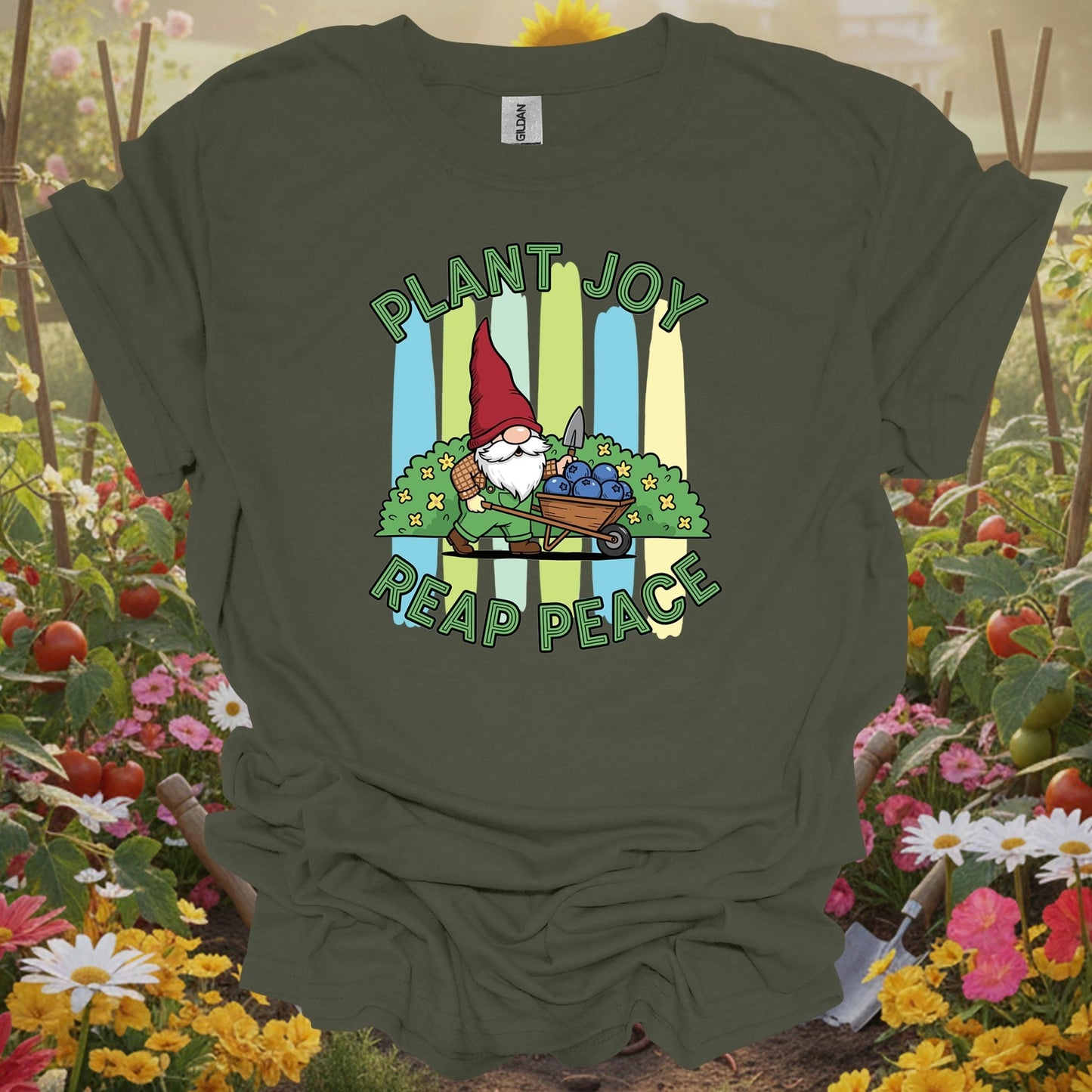 Military Green top showing plant joy reap peace witty bearded gnome for nature lovers