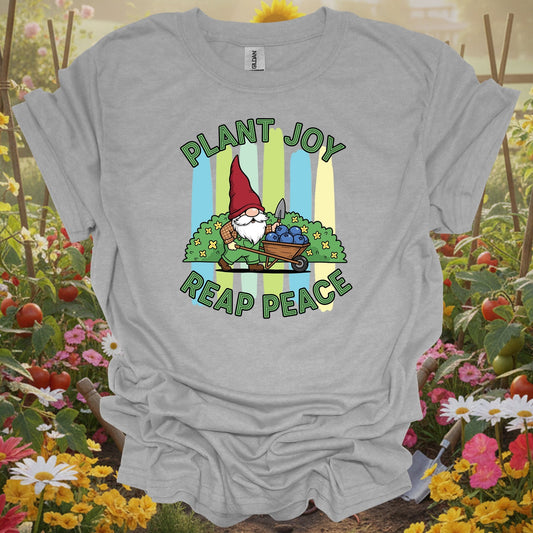 Sport Grey tshirt showing plant joy reap peace witty bearded gnome for gardening enthusiasts