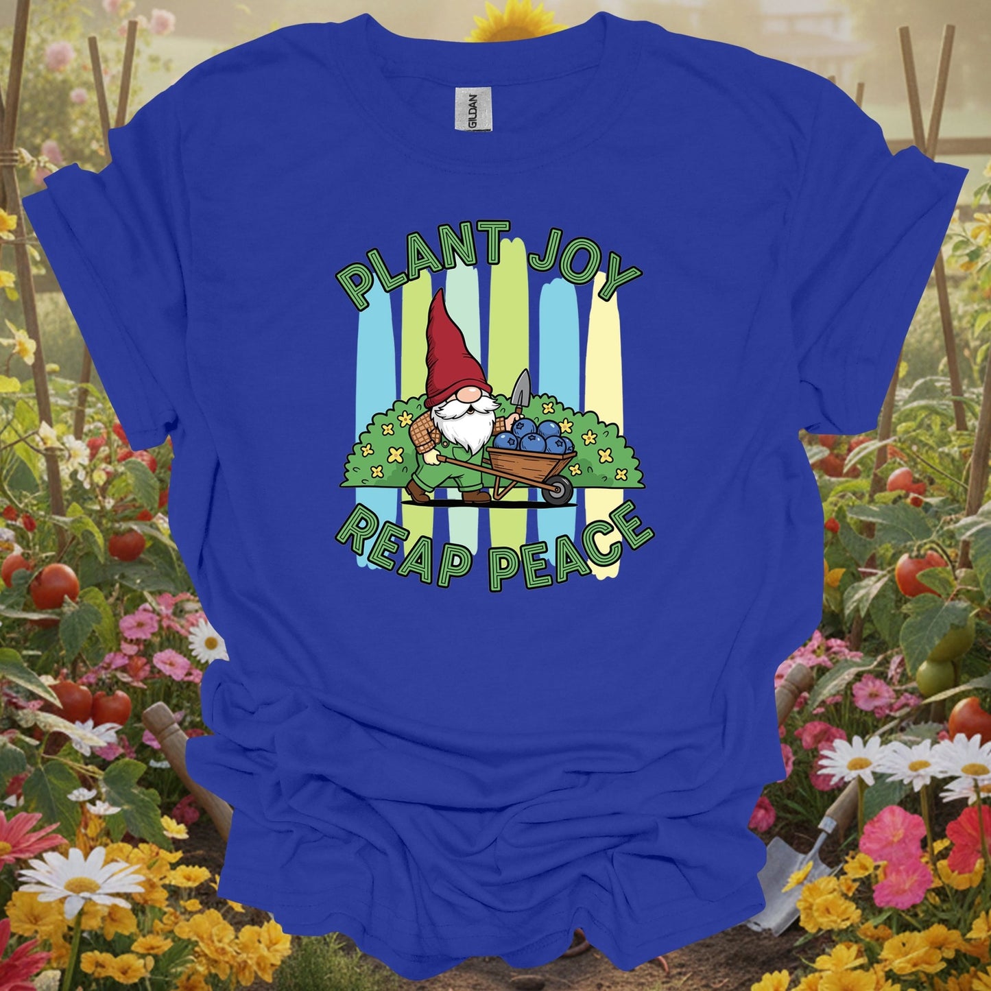 Royal tshirt showing plant joy reap peace witty bearded gnome for backyard growers