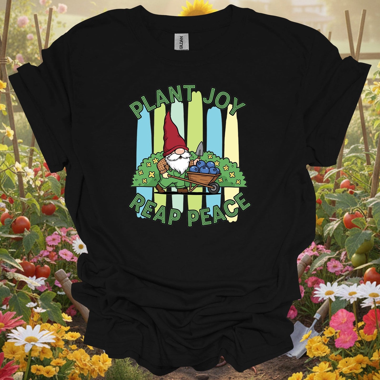 Black shirt showing plant joy reap peace witty bearded gnome for outdoor enthusiasts