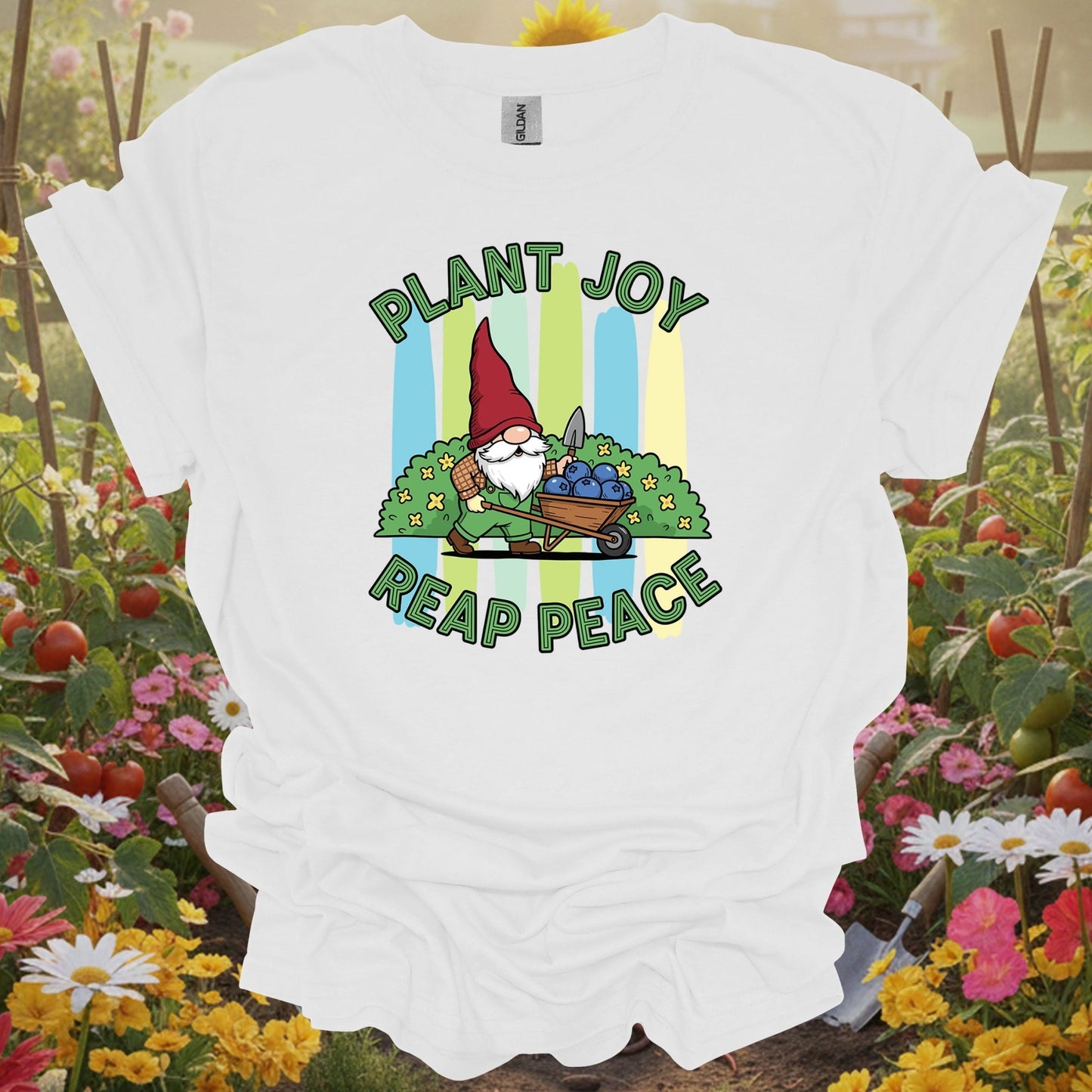 White tee showing plant joy reap peace witty bearded gnome for garden hobbyists