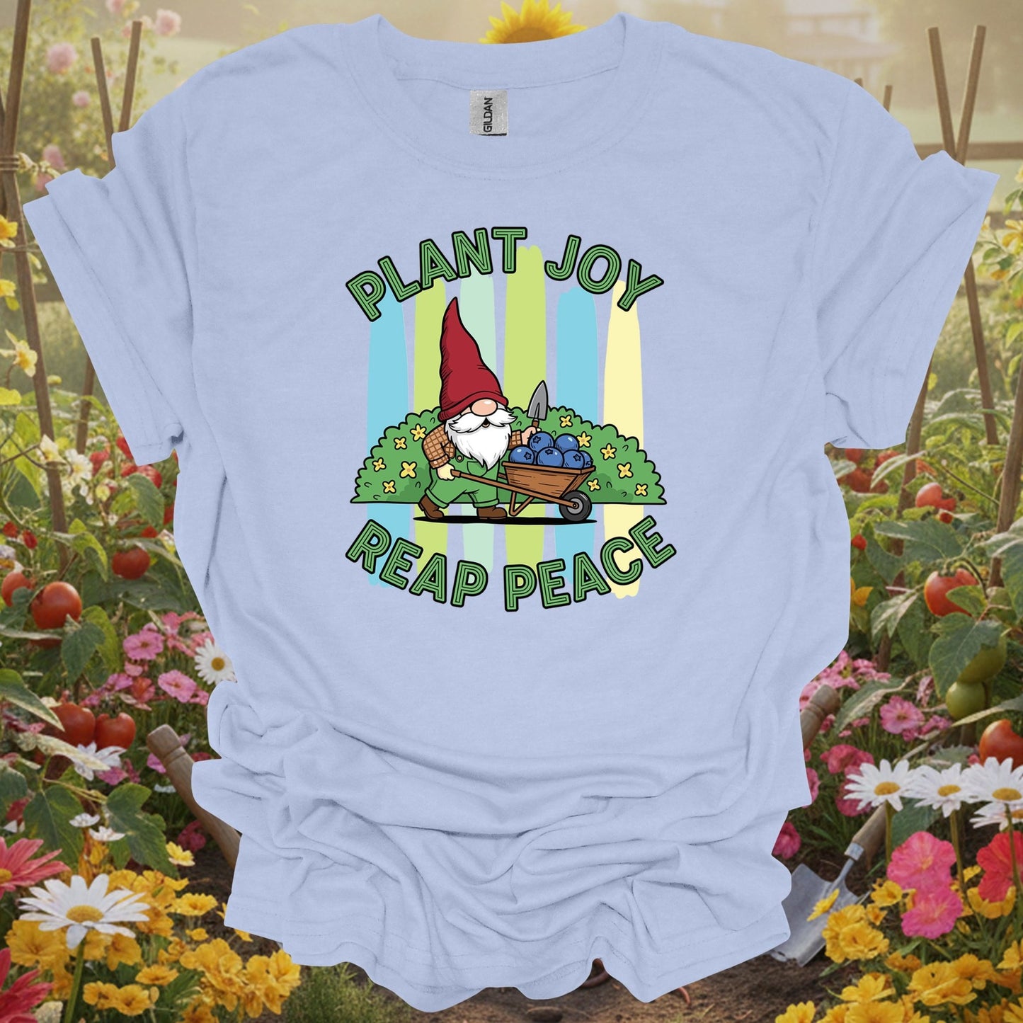 Light Blue shirt showing plant joy reap peace witty bearded gnome for home gardeners