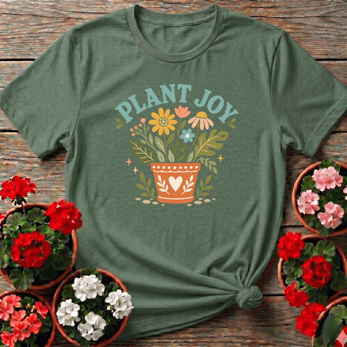 Military Green earthy botanical cottagecore tee "Plant Joy" with daisy and foliage pot for plant enthusiasts