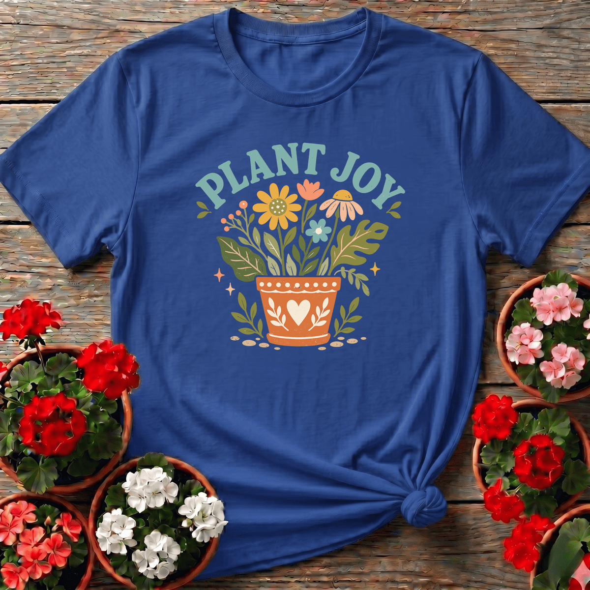 Royal folk art botanical gardening top "Plant Joy" featuring daisy and coneflower pot design for plant lovers