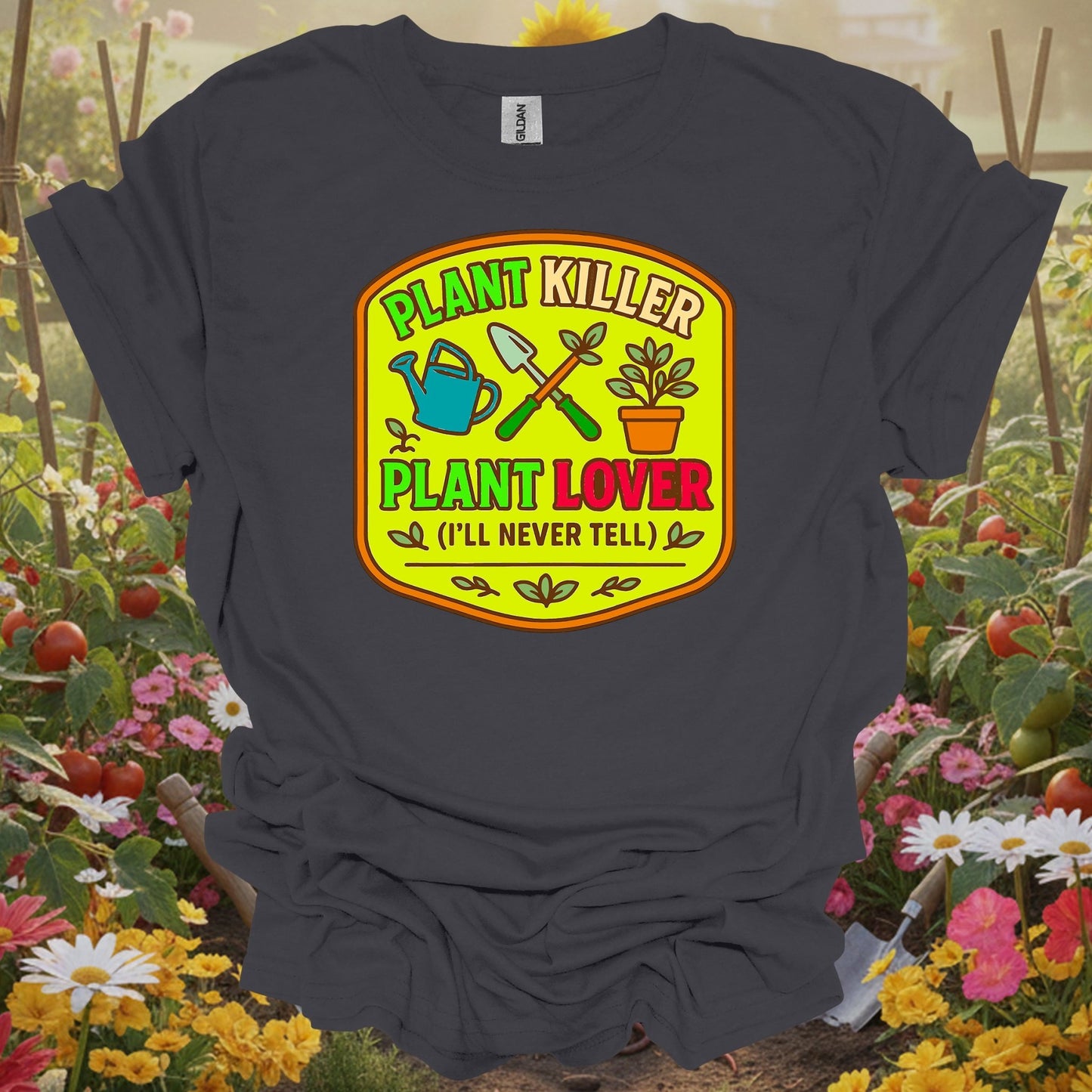 Charcoal tshirt showing embrace the reality of the growing season with this hilarious badge design for abundance manifestors celebrating productive harvests