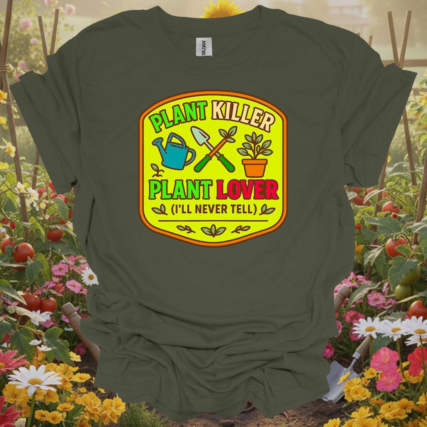 Military green tshirt showing embrace the reality of the growing season with this hilarious badge design for abundance manifestors celebrating productive harvests