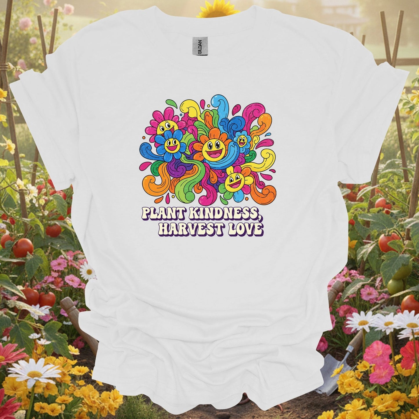 White tee showing plant kindness harvest love psychedelic for garden hobbyists