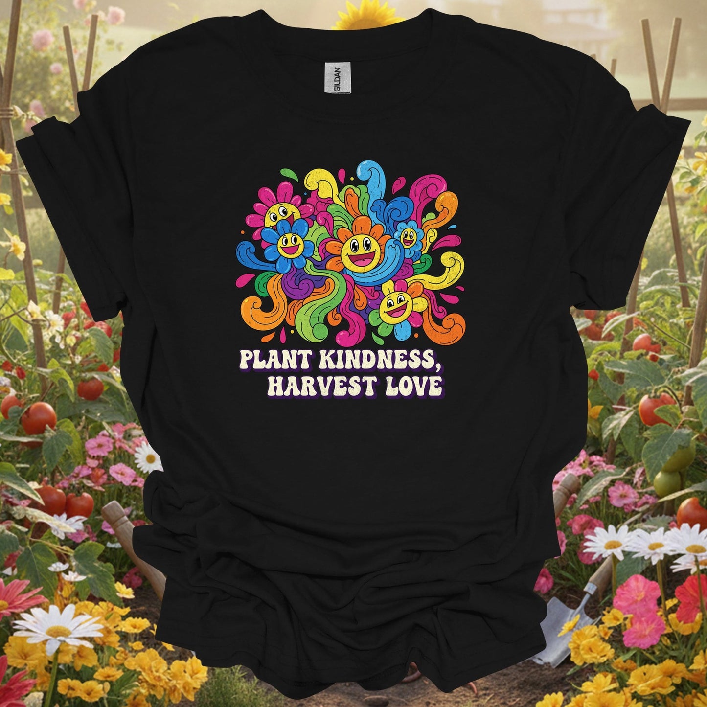 Black shirt showing plant kindness harvest love psychedelic for outdoor enthusiasts