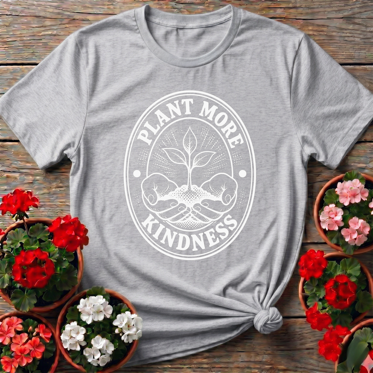 Plant More Kindness Oval Seal Seedling Line Art Tee - GardeningTshirts