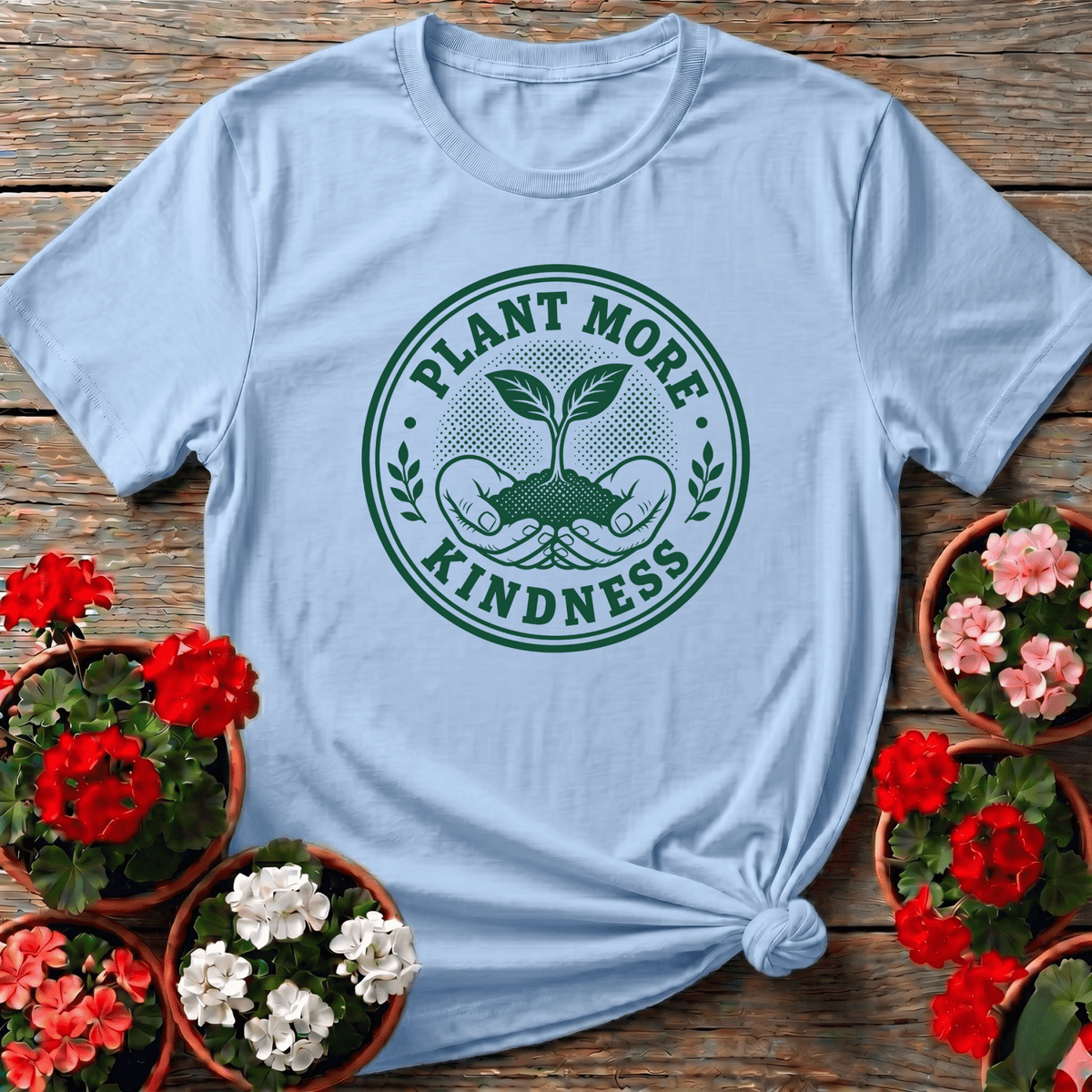 Light Blue farmers market inspired gardening shirt with halftone badge seedling graphic for plant lovers