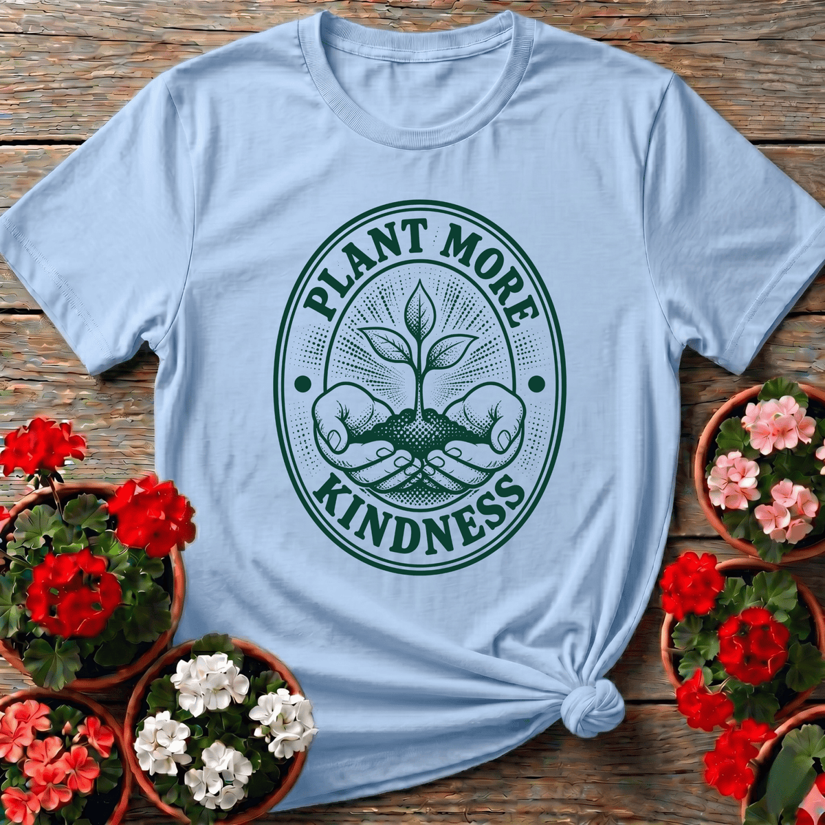 Light Blue cottagecore vintage gardening shirt with "Plant More Kindness" seedling badge for calm gardeners