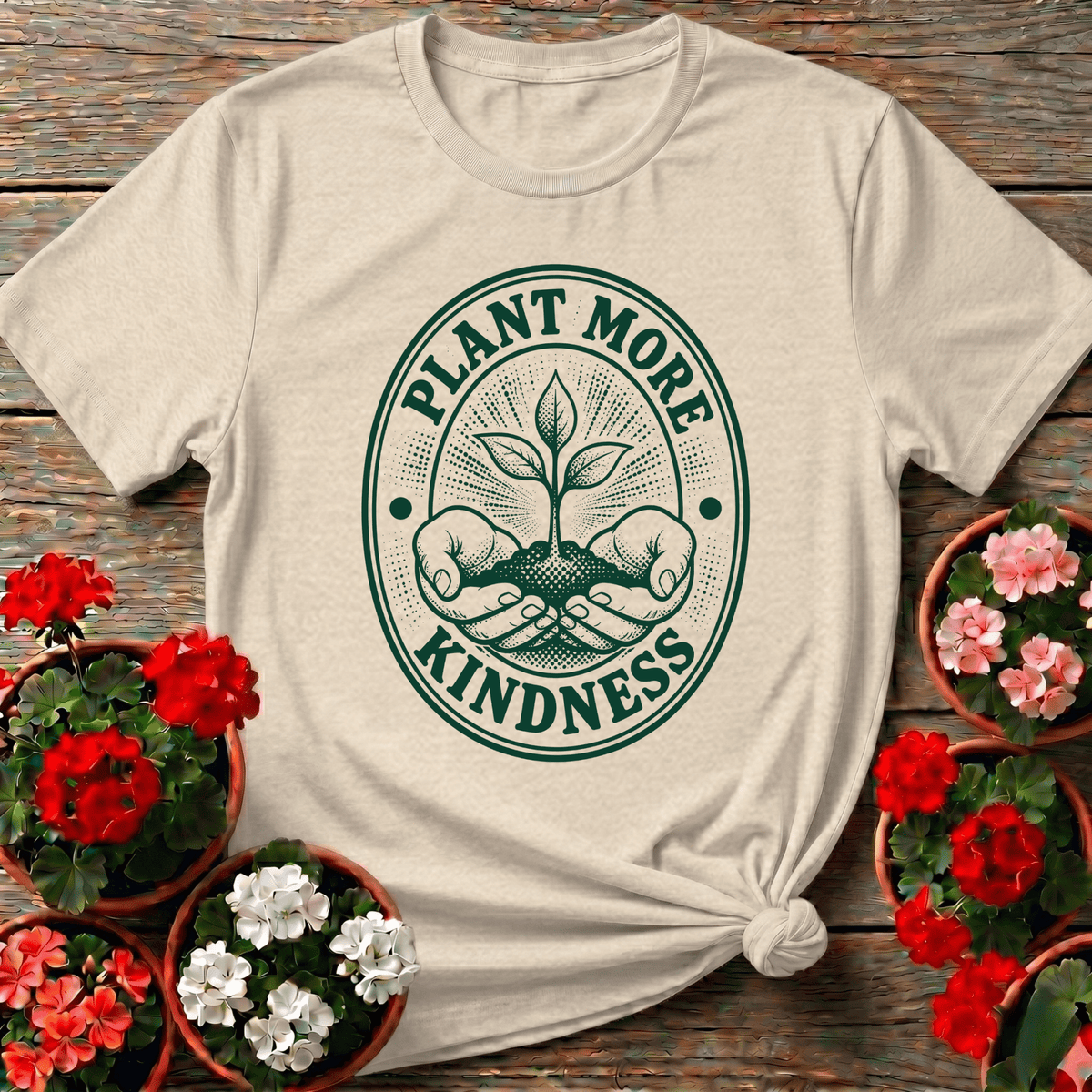 Natural vintage badge gardening top with "Plant More Kindness" line art seedling design for slow gardeners