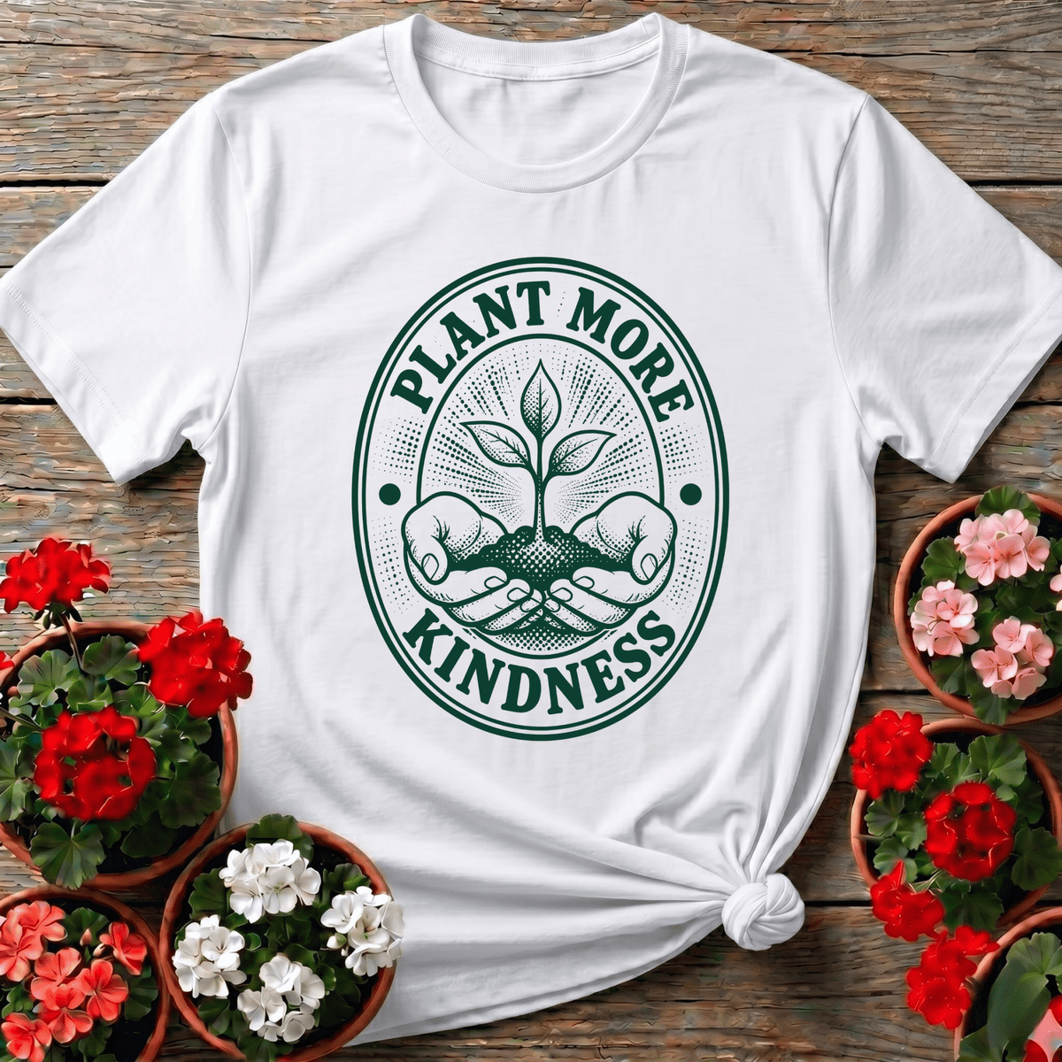 White retro oval seal gardening shirt with "Plant More Kindness" line art seedling for cottagecore gardeners