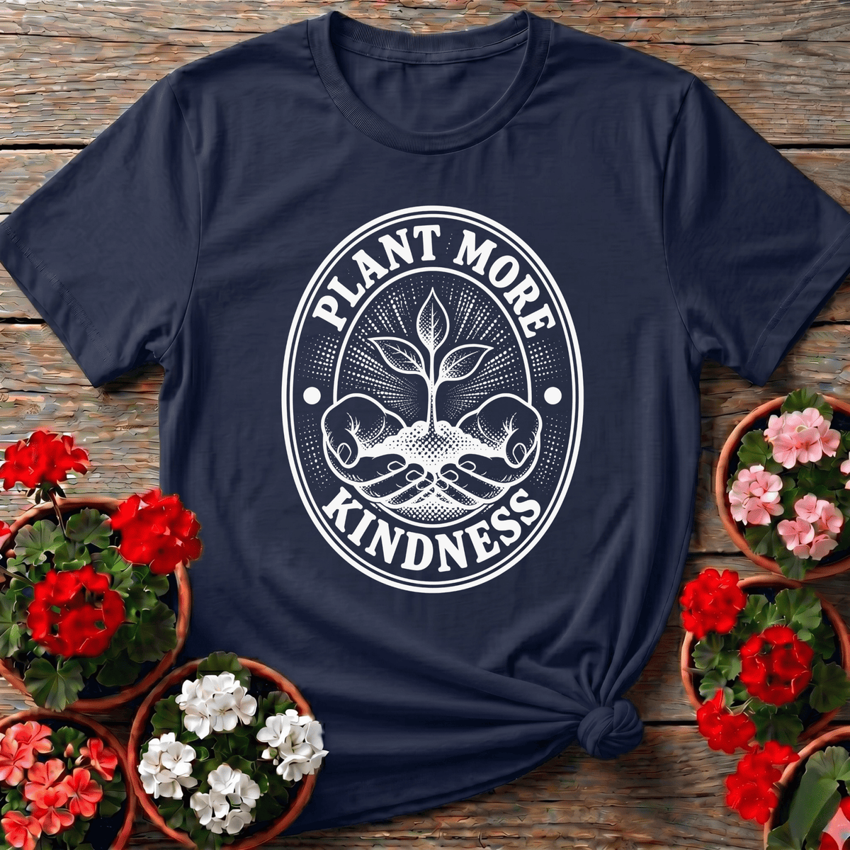 Navy vintage halftone gardening t-shirt with "Plant More Kindness" badge design for nature lovers