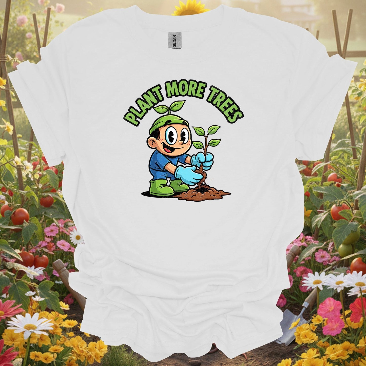 White tee showing plant more trees environmental for garden hobbyists