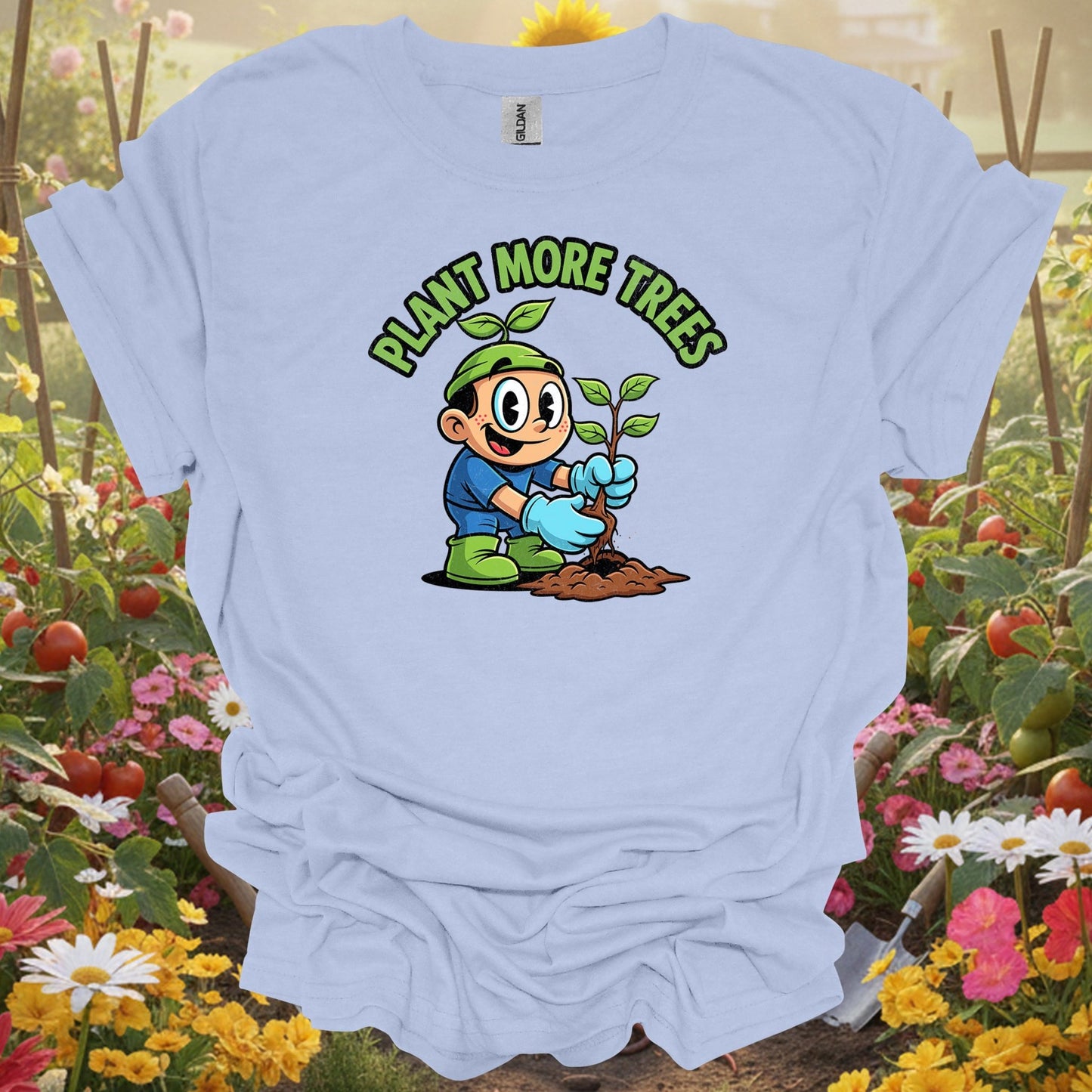 Light Blue shirt showing plant more trees environmental for home gardeners