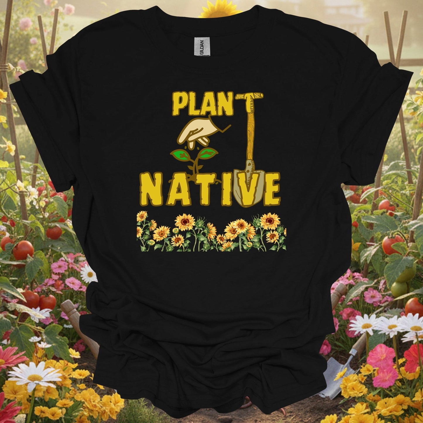 Black shirt showing plant native sunflower proud eco friendly for outdoor enthusiasts