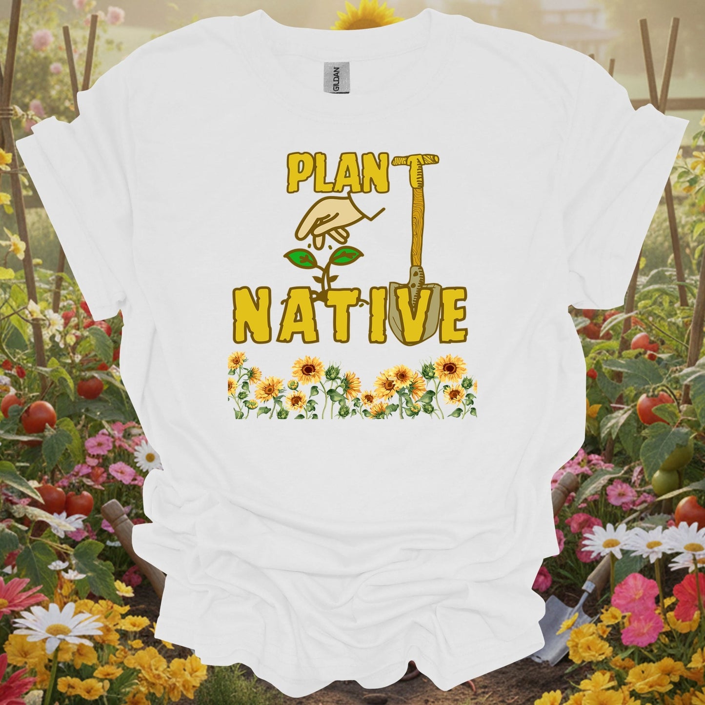 White tee showing plant native sunflower proud eco friendly for garden hobbyists