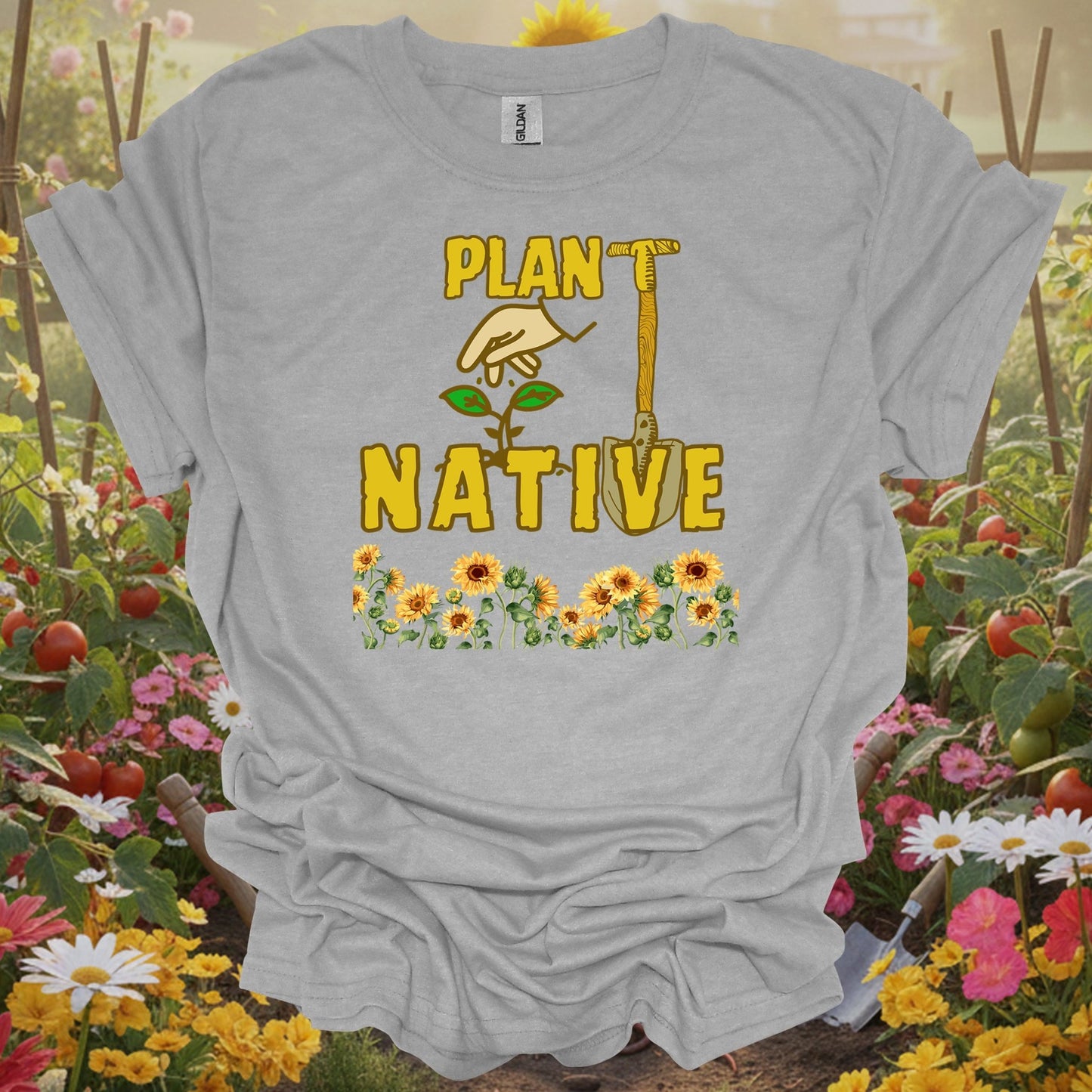 Sport Grey tshirt showing plant native sunflower proud eco friendly for backyard growers