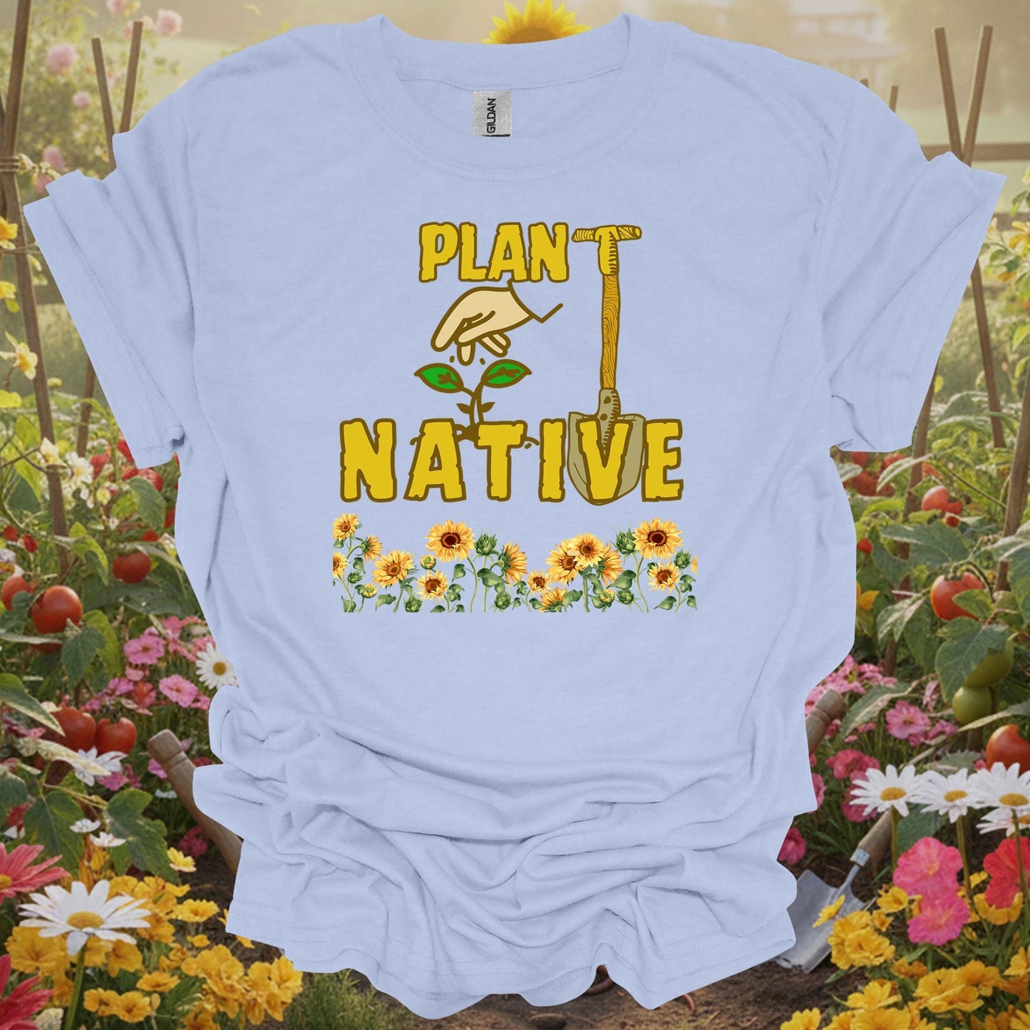 Light Blue tshirt showing plant native sunflower proud eco friendly for gardening enthusiasts