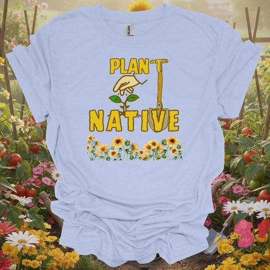 Light Blue tshirt showing plant native sunflower proud eco friendly for gardening enthusiasts
