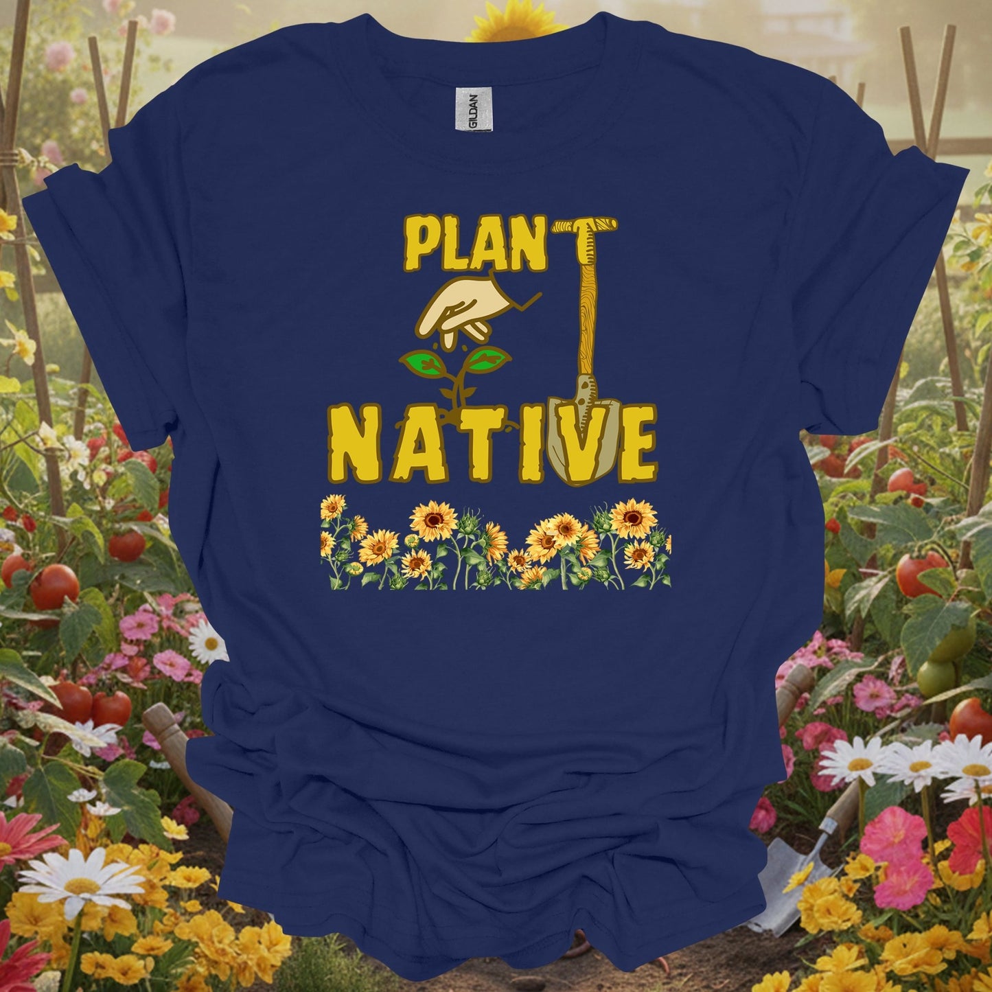 Navy shirt showing plant native sunflower proud eco friendly for home gardeners