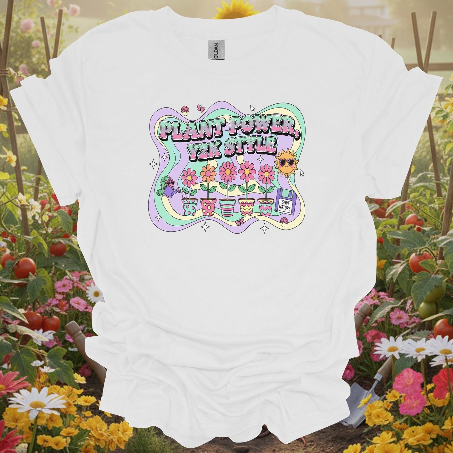White tee showing Y2K psychedelic plant power retro design for colorful personalities