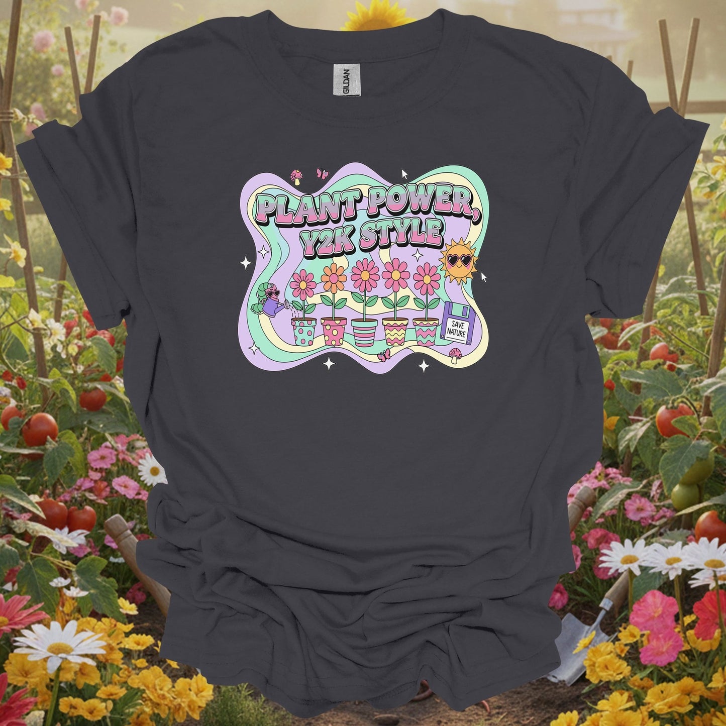 Charcoal tee showing Y2K psychedelic plant power retro design for Y2K nostalgia fans