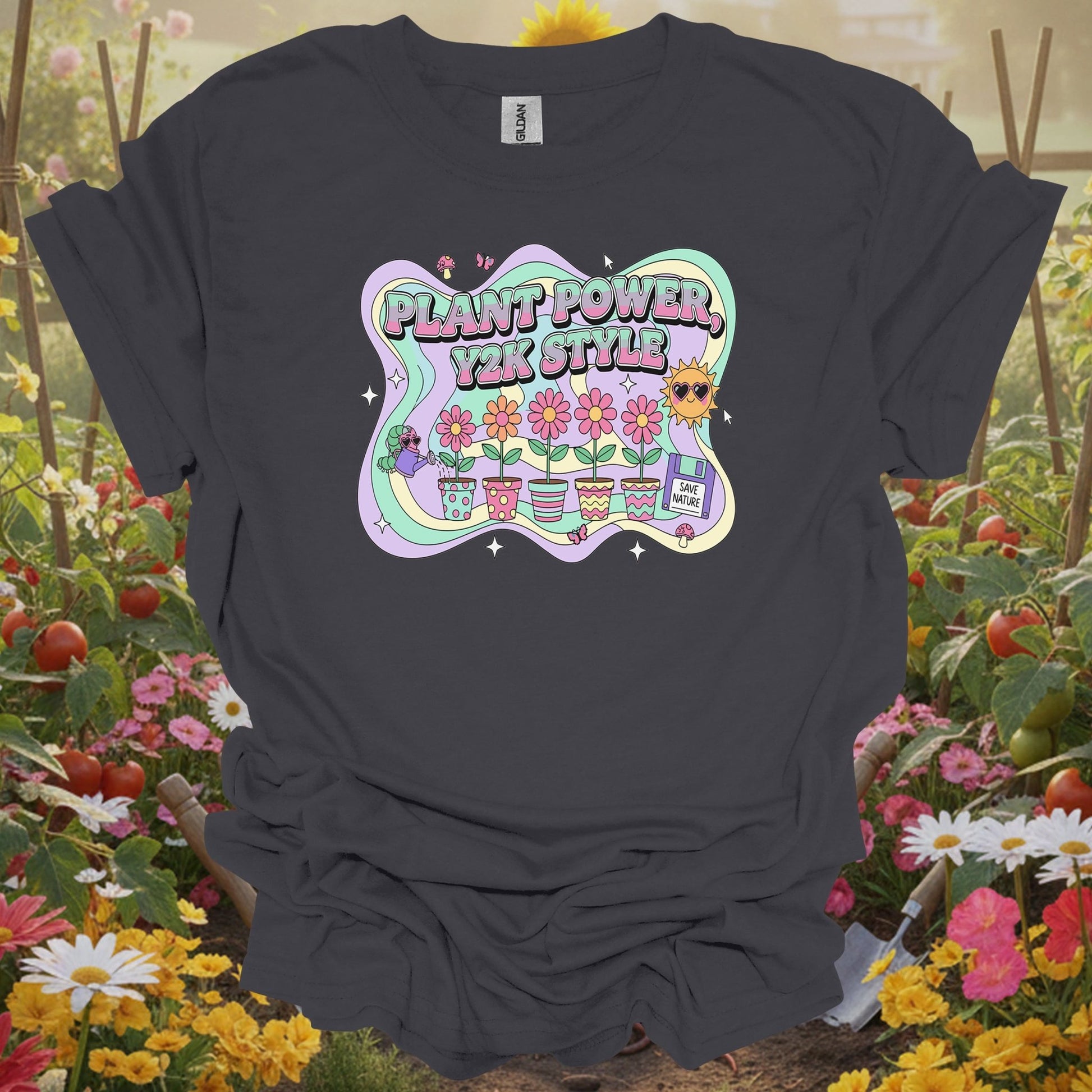 Charcoal tee showing Y2K psychedelic plant power retro design for Y2K nostalgia fans