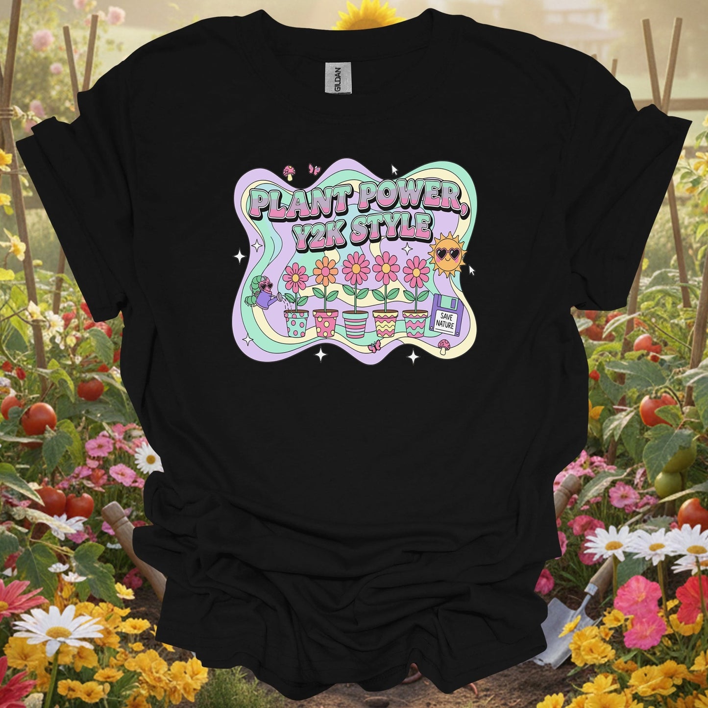 Black shirt showing Y2K psychedelic plant power retro design for people celebrating plant strength