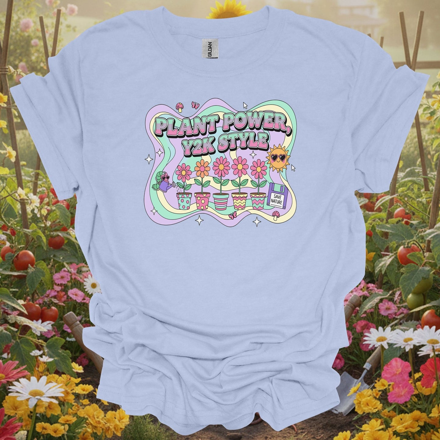Light Blue shirt showing Y2K psychedelic plant power retro design for plant power advocates