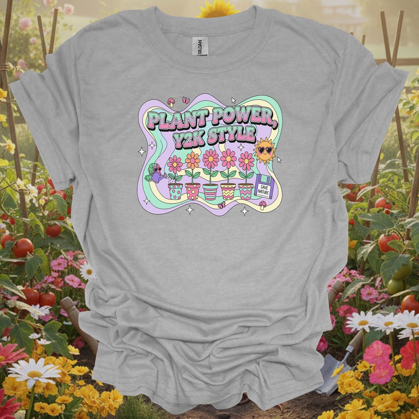 Sport Grey tshirt showing Y2K psychedelic plant power retro design for bold style gardeners