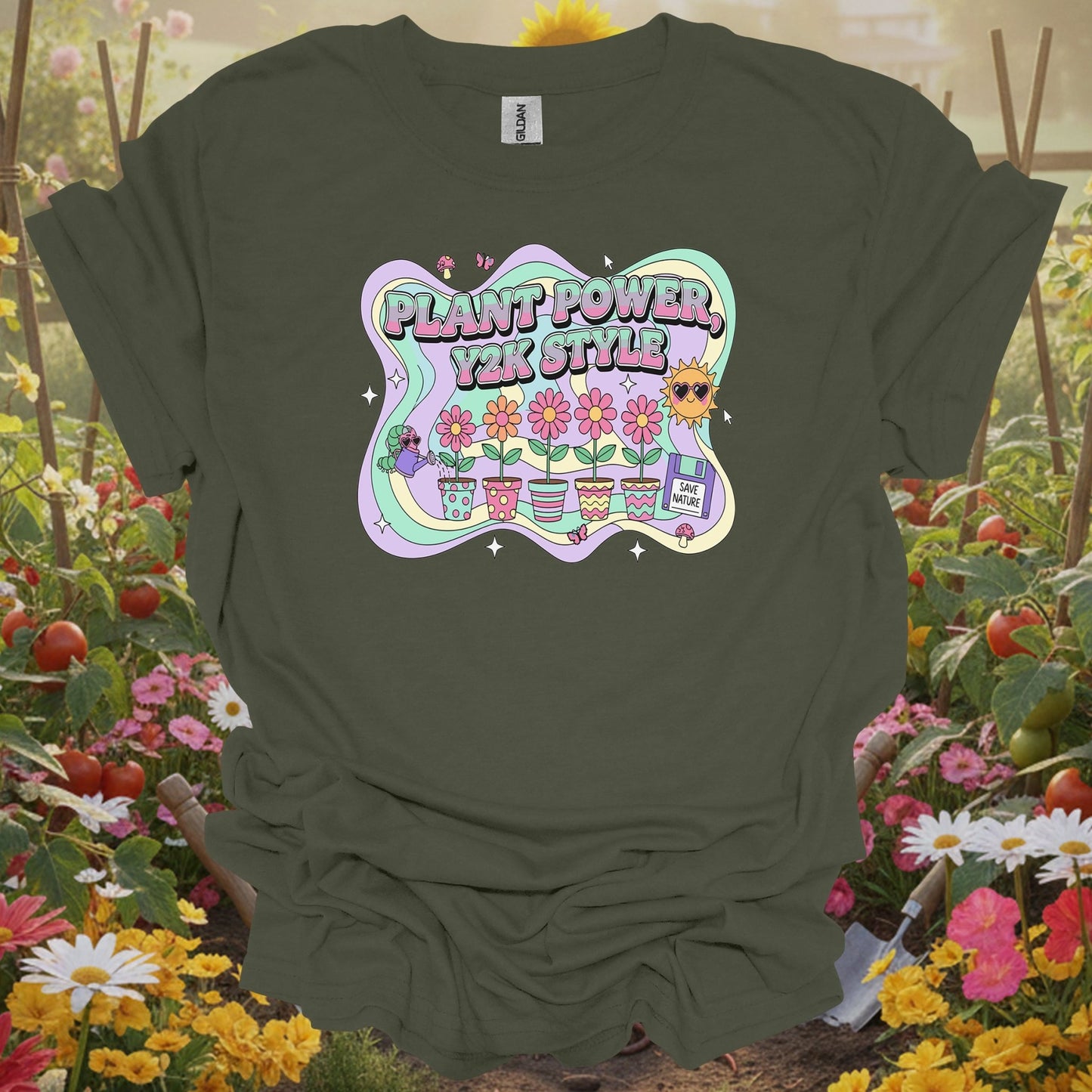 Military Green top showing Y2K psychedelic plant power retro design for groovy growers