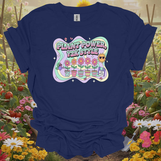 Navy tshirt showing Y2K psychedelic plant power retro design for retro gardeners