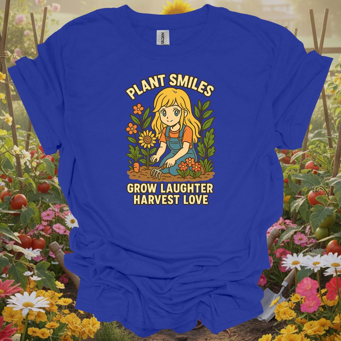 Royal tshirt showing plant smiles grow laughter harvest love anime for backyard growers