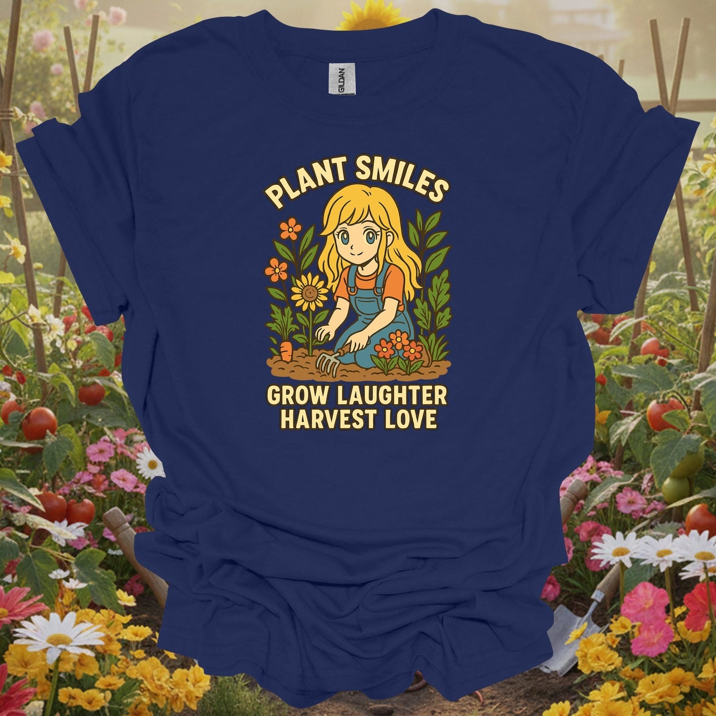 Navy top showing plant smiles grow laughter harvest love anime for green thumb folks