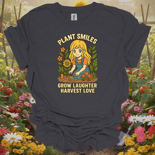 Charcoal tee showing plant smiles grow laughter harvest love anime for plant lovers