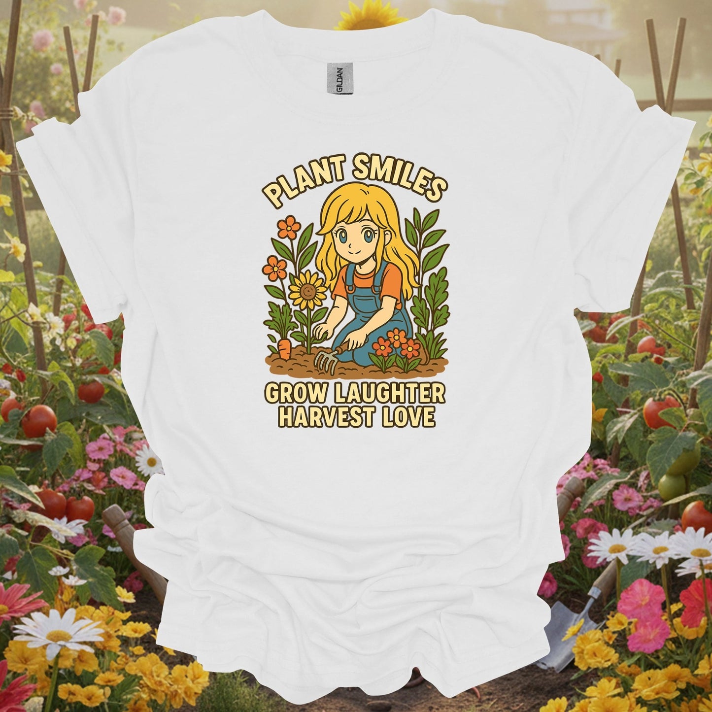 White shirt showing plant smiles grow laughter harvest love anime for outdoor enthusiasts