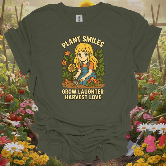 Military Green tshirt showing plant smiles grow laughter harvest love anime for gardening enthusiasts